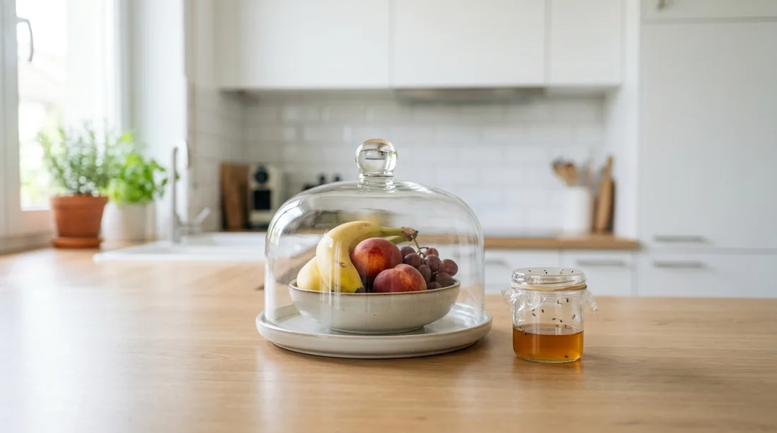 Leer geräumte Küchenarbeitsplatte mit abgedeckter Obstschale und einer Fruchtfliegenfalle daneben