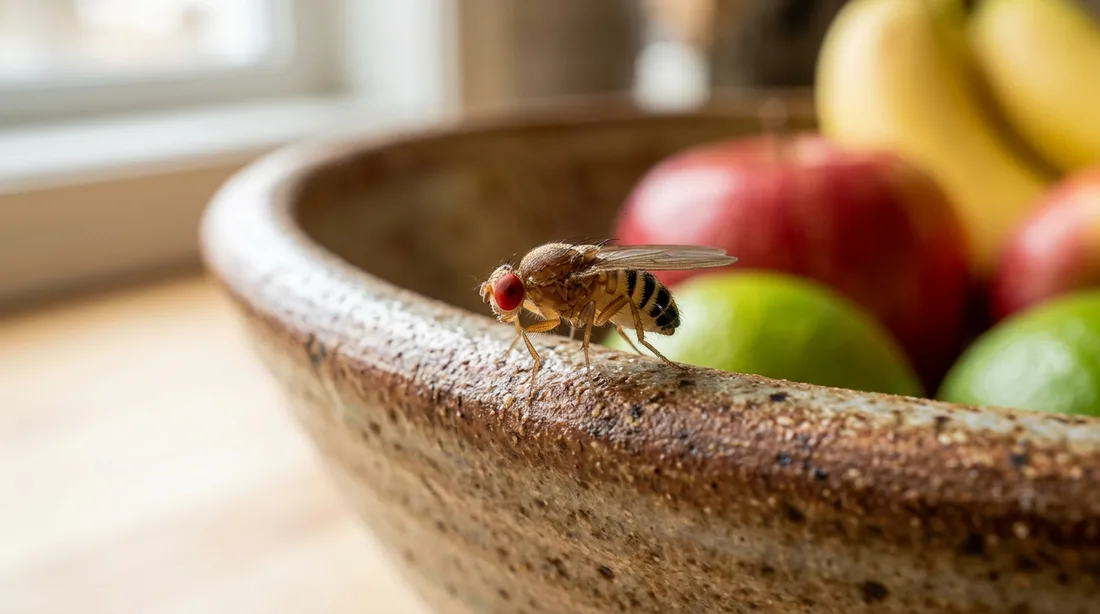 Nahaufnahme einer Fruchtfliege mit roten Augen auf dem Rand einer Obstschale