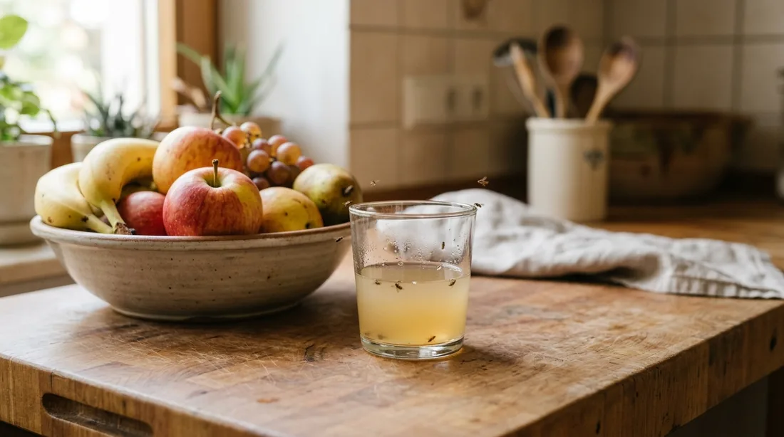 Glas mit Apfelessig und Spülmittel als selbst gebaute Fruchtfliegenfalle neben einer Obstschale