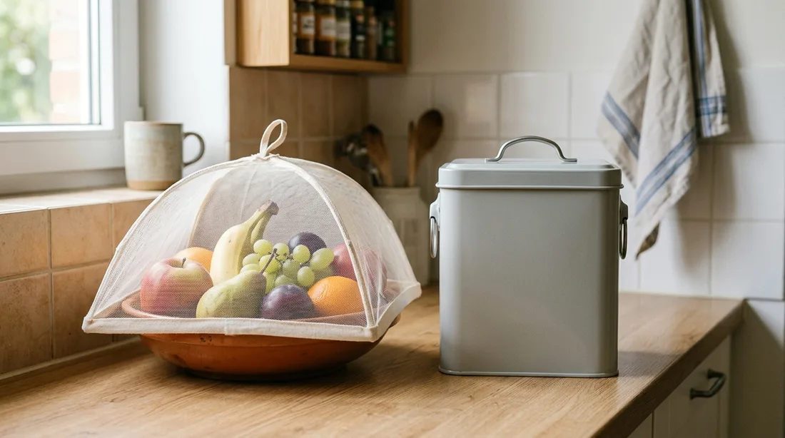 Obstschale unter einer feinmaschigen Haube neben einem geschlossenen Bioabfalleimer in einer Küche