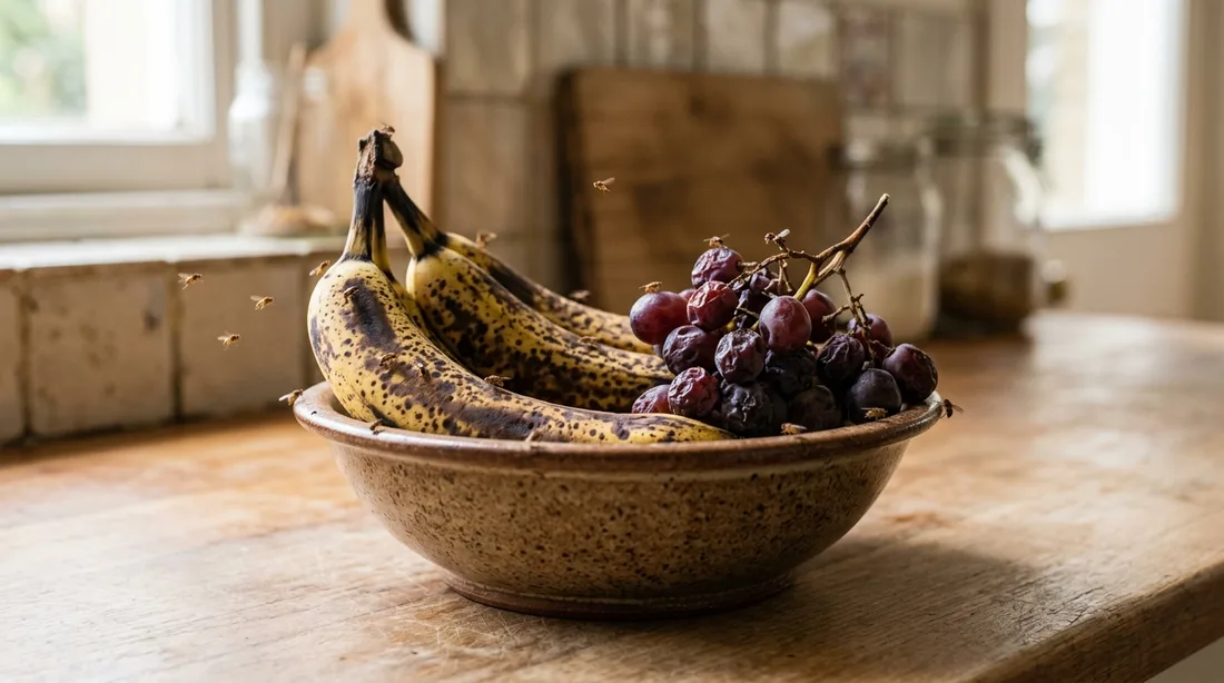 Überreife Bananen und Trauben in einer Obstschale, einzelne Fruchtfliegen sitzen auf der Schale